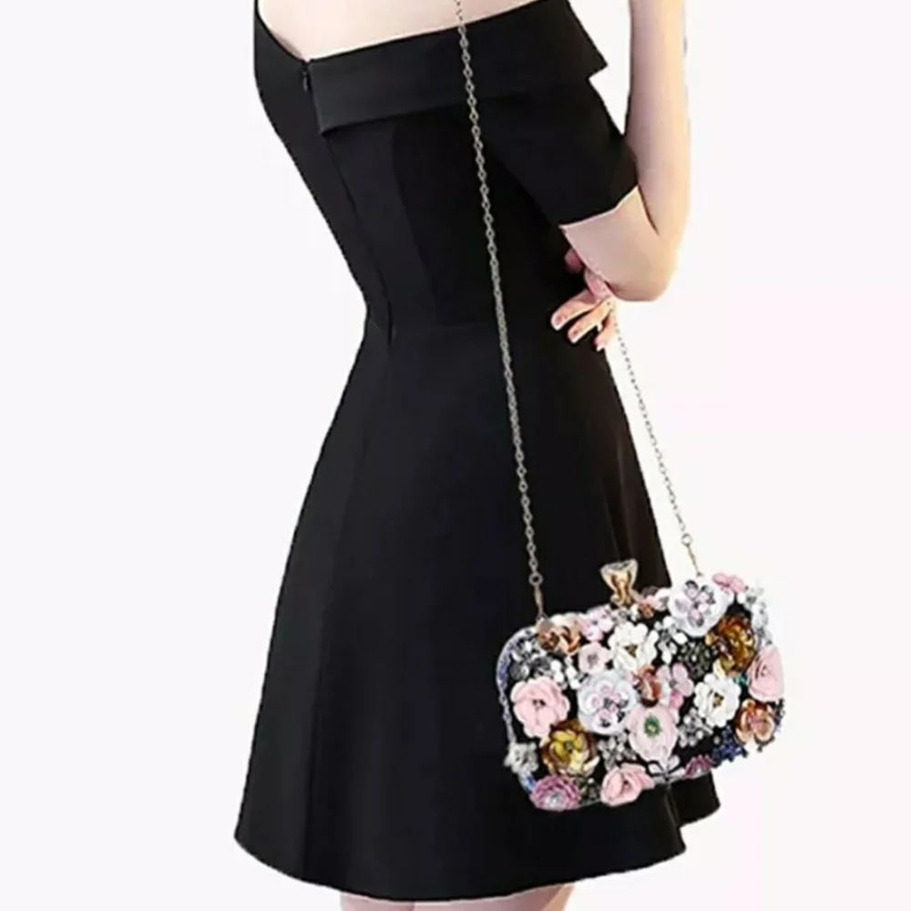 Women's Evening Bag Flower Party Prom Clutch Purse Floral Bride Black Handbag